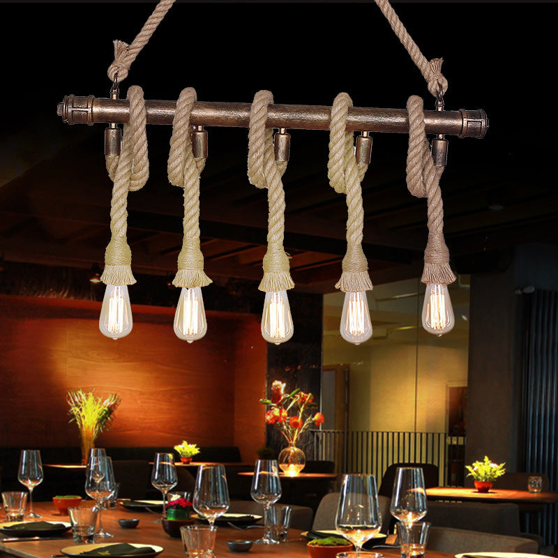3/5 Heads Open Bulb Island Pendant Warehouse Beige Metal Hanging Ceiling Light for Dining Room with Rope Wrapped Accent