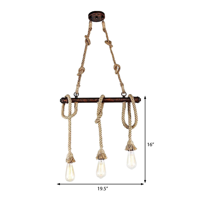 3/5 Heads Open Bulb Island Pendant Warehouse Beige Metal Hanging Ceiling Light for Dining Room with Rope Wrapped Accent
