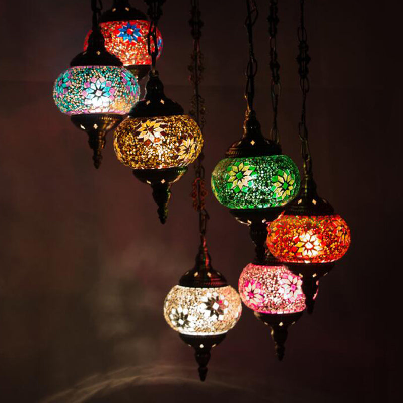 7 bulbes globe plafond lustre rétro rétro-coloré en verre pendant éclairage en bronze