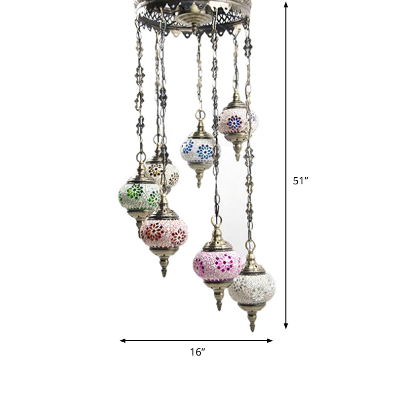 7 bulbes globe plafond lustre rétro rétro-coloré en verre pendant éclairage en bronze