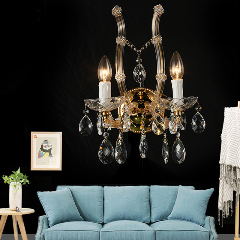 Candle Wall Mounted Light Contemporary Amber Glass 2 Lights Gold Finish Wall Light with Clear Crystal Deco