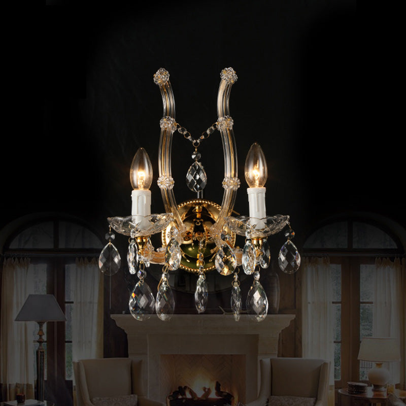 Luz de la pared de vela Montada de vaso ámbar contemporáneo 2 luces de acabado dorado Luz de pared con cristal transparente Deco