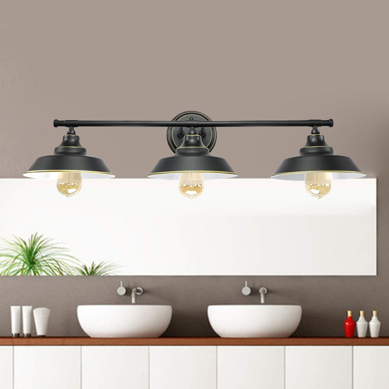 3 Lights Wall Mount Fixture with Barn Shade Metallic Retro Style Living Room Wall Lighting in Black