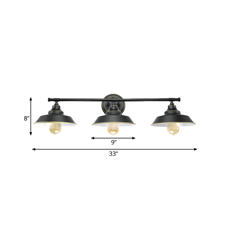 3 Lights Wall Mount Fixture with Barn Shade Metallic Retro Style Living Room Wall Lighting in Black