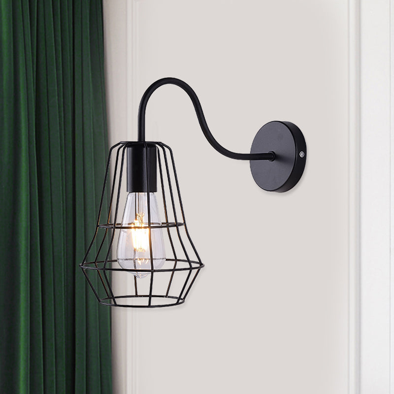 Luz de pared de la sala de estar de brazo de cuello cisboso con tono jaula de estilo retro metal 1 acabado negro de acabado negro aplique de pared