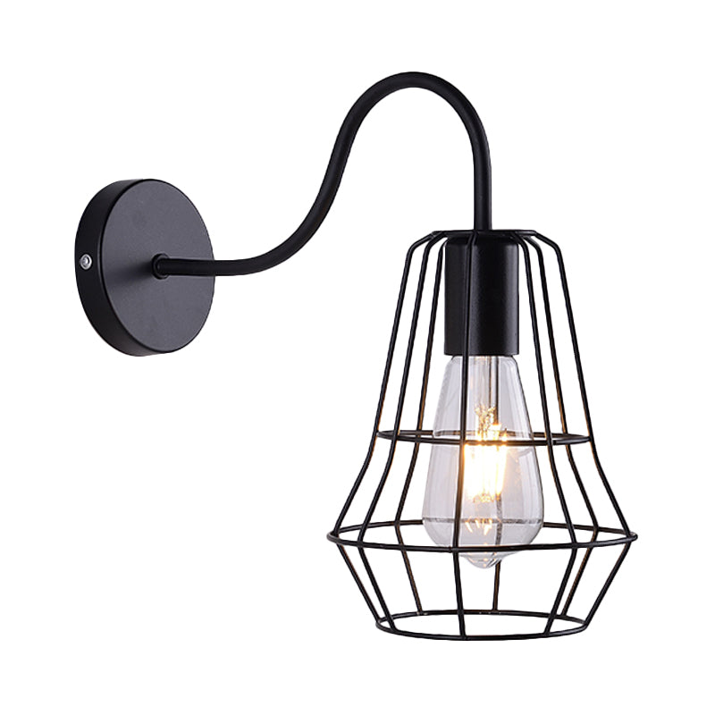 Luz de pared de la sala de estar de brazo de cuello cisboso con tono jaula de estilo retro metal 1 acabado negro de acabado negro aplique de pared