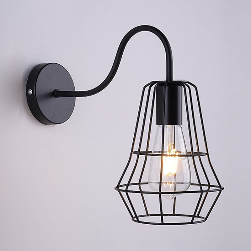 Luz de pared de la sala de estar de brazo de cuello cisboso con tono jaula de estilo retro metal 1 acabado negro de acabado negro aplique de pared