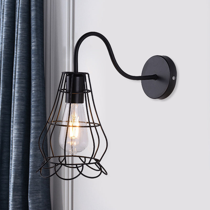 Metallic Black Finish Sconce Wall Light Wire Cage Shade 1 Light Retro Style Wall Mount Light for Bedside