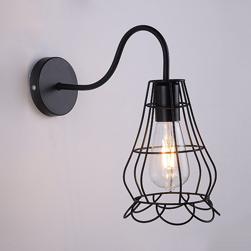 Metallic Black Finish Sconce Wall Light Wire Cage Shade 1 Light Retro Style Wall Mount Light for Bedside