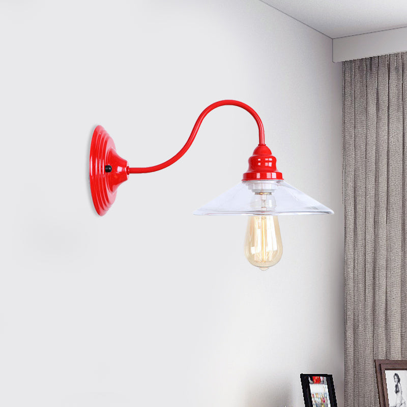 1 Bulb Wide Flare Wall Mounted Light Industrial Red Clear Glass Lighting with Curved Arm