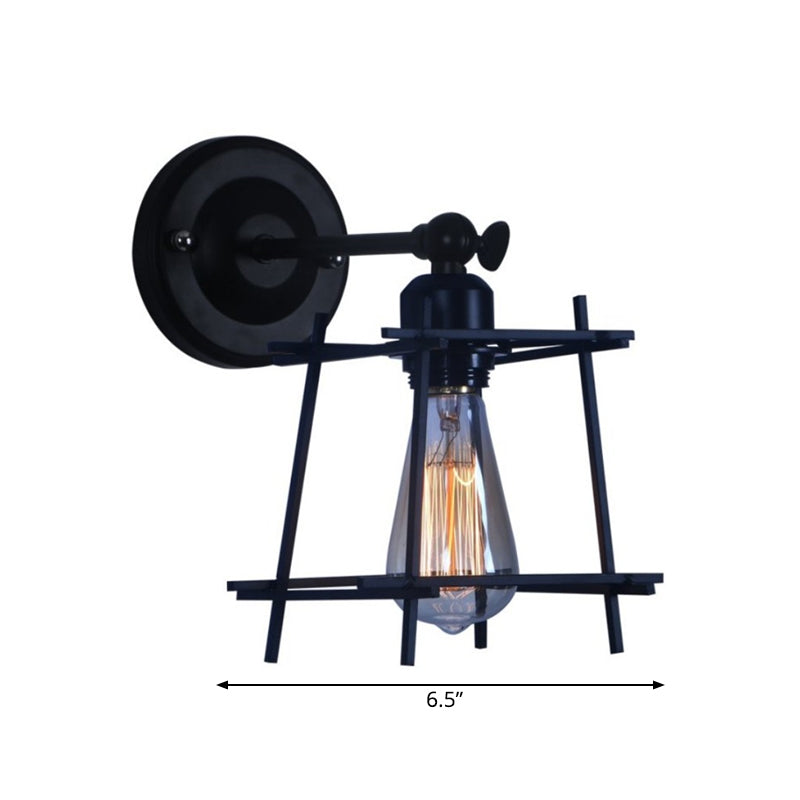 1 Head Wall Light Retro Style Cubic Shade Metal Wall Sconce Lamp with Wire Guard in Black for Bedroom
