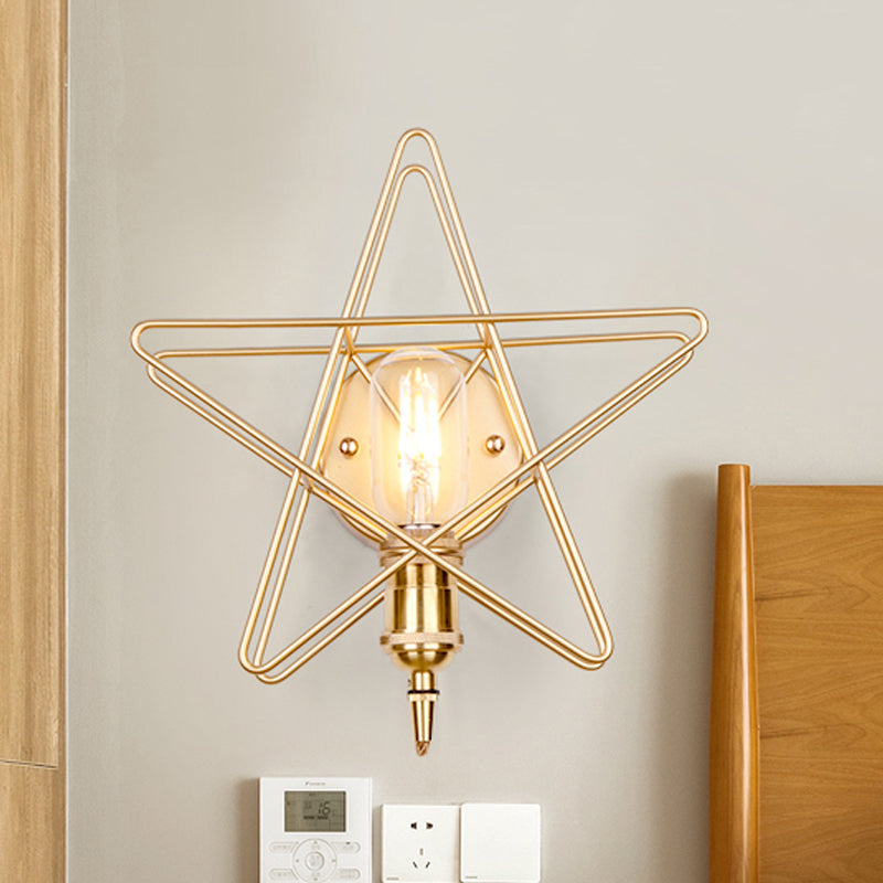 Metal Star-Caged Wall Lamp Sconce Loft Style 1 Bulb Bedroom Wall Lighting in Black/Gold
