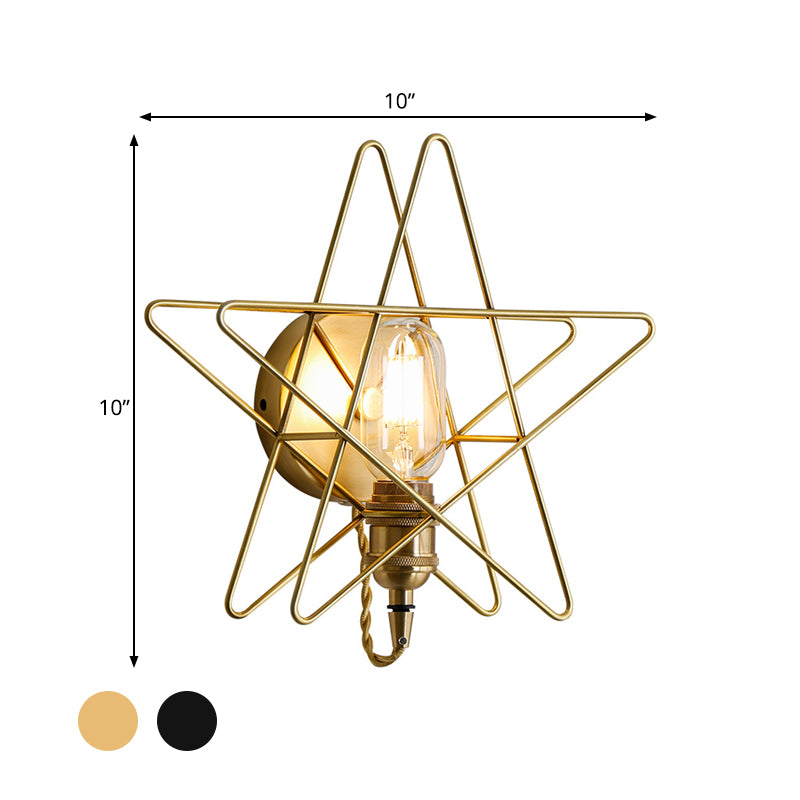 Metal Star-Caged Wall Lamp Sconce Loft Style 1 Bulb Bedroom Wall Lighting in Black/Gold