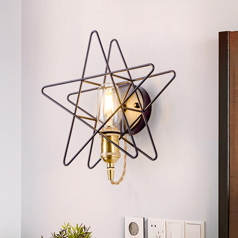 Metal Star-Caged Wall Lamp Sconce Loft Style 1 Bulb Bedroom Wall Lighting in Black/Gold