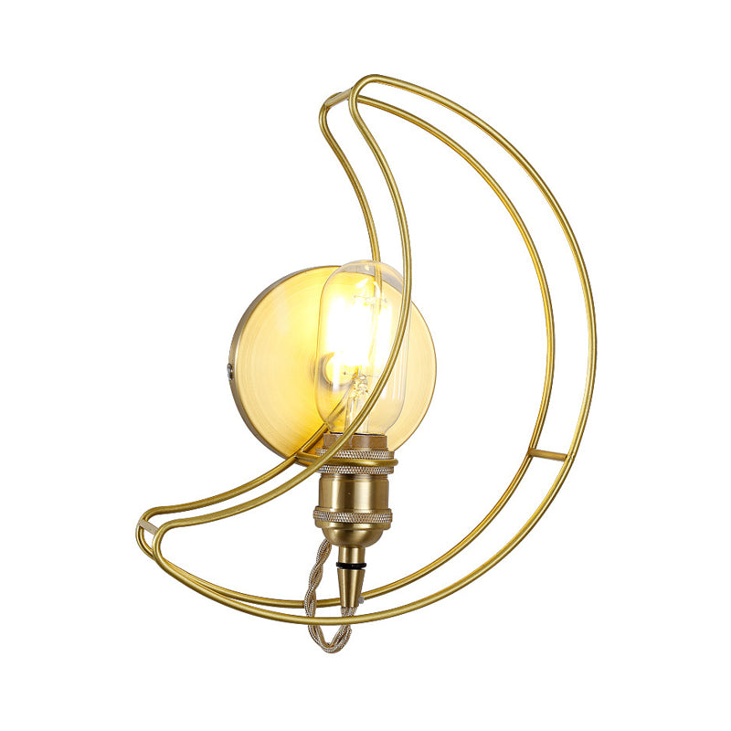 1 Light Wall Lighting with Moon Cage Shade Metal Loft Style Bedroom Sconce Light Fixture in Gold