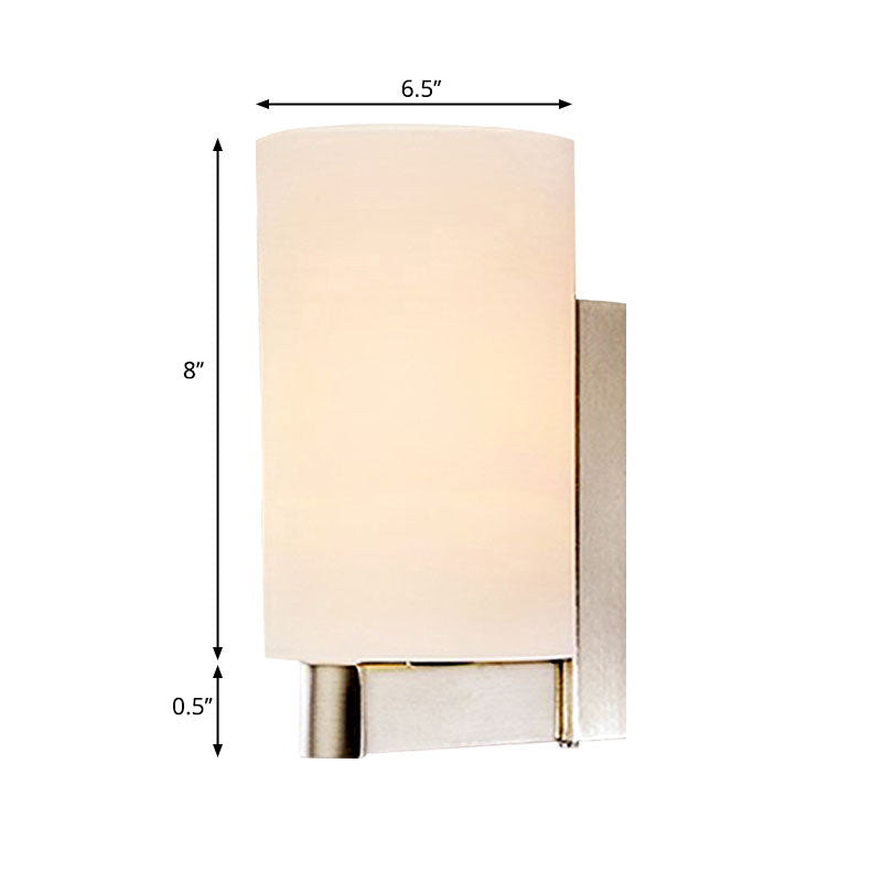 White Glass Cylinder Wall Lamp Modern 1 Light Chrome Sconce Light Fixture for Passage