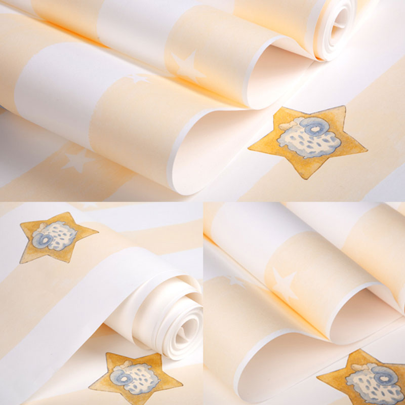 33' x 20.5" Minimalist Wallpaper Roll for Children's Bedroom with Cartoon Star and Stripe Design in Soft Color