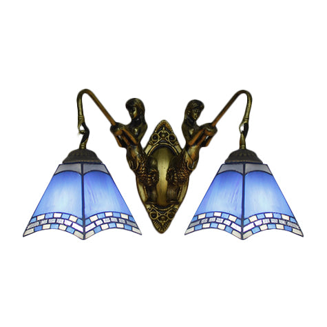 Pyramid Blue Glass Sconce Lighting Mediterranean 2 Head Antique Bronze Wall Mount Light