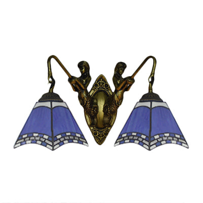 Pyramid Blue Glass Sconce Lighting Mediterranean 2 Head Antique Bronze Wall Mount Light