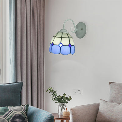 Tiffany Lattice White Domed Wall Sconce with Blue Edge 1 Light Art Glass Wall Lamp for Restaurant