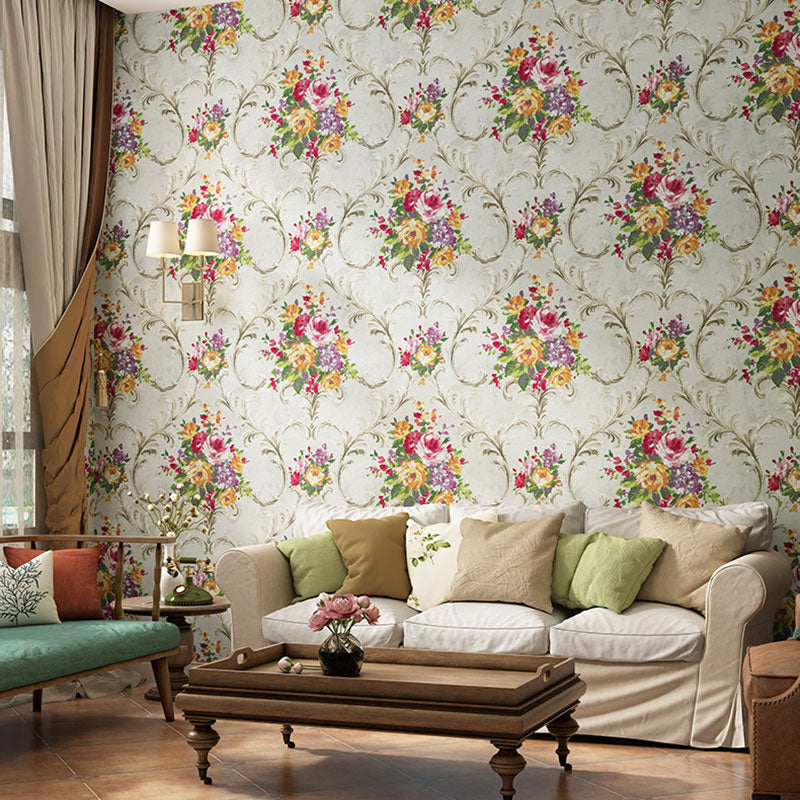 Countryside Blossoming Flower Wall Decor in Grey and Red Leaves Wallpaper, 33'L x 20.5"W