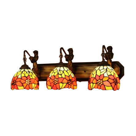 Dome Orange Glass Sconce Light Fixture Victorian 3 Heads Antique Brass Wall Mounted Light with Flower Pattern