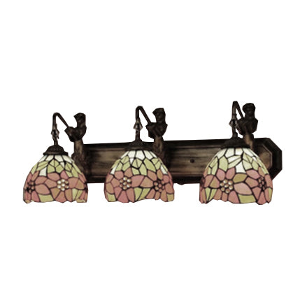 Dome Orange Glass Sconce Light Fixture Victorian 3 Heads Antique Brass Wall Mounted Light with Flower Pattern