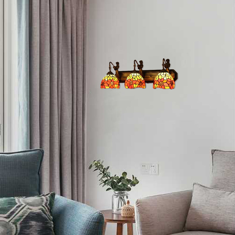 Dome Orange Glass Sconce Light Fixture Victorian 3 Heads Antique Brass Wall Mounted Light with Flower Pattern