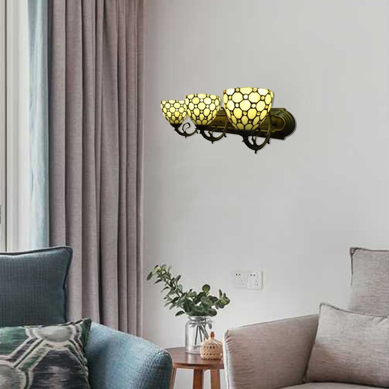 Bowl Study Room Wall Light with Bead Glass 3 Heads Tiffany Traditional Wall Lamp in Beige