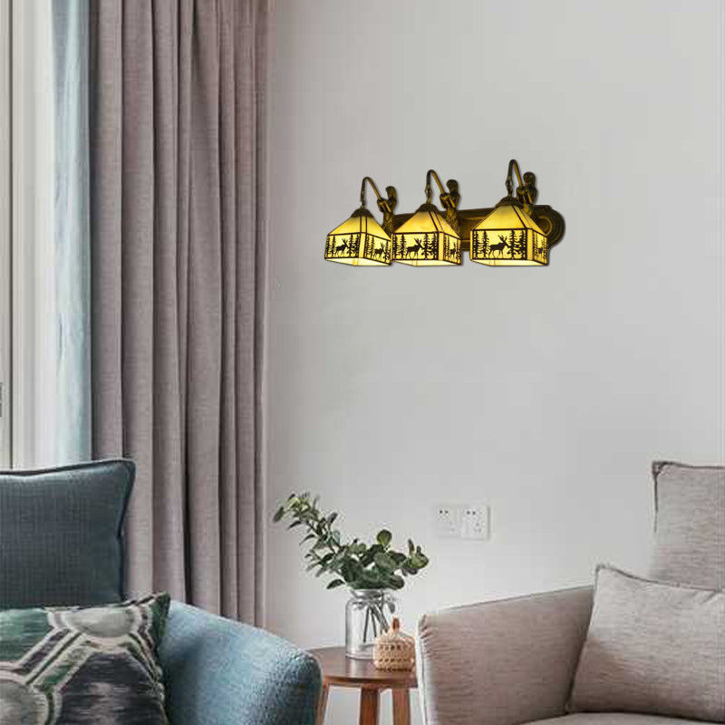 3 Lights Lodge Wall Sconce Rustic Stylish Glass Wall Lamp in Beige with Forest Deer for Restaurant