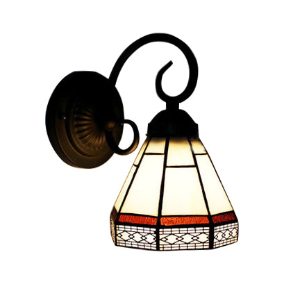 Glass Cone Sconce Light with Curved Arm 1 Bulb Tiffany Classic Wall Sconce in Beige for Dining Room