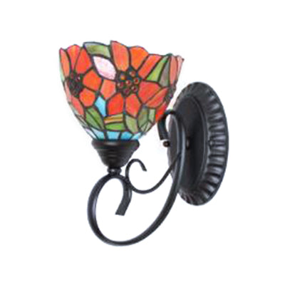 Orange Flower Wall Light Fixture Victorian 1 Head Multicolor Stained Glass Sconce Light