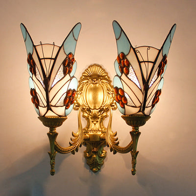Rustic Lodge Butterfly Wall Lighting Stained Glass 2 Heads Wall Mount Light for Dining Room