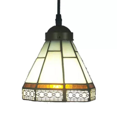 Stained Glass Conical Drop Lamp Tiffany-Style 1 Head Beige/Green/Blue Pendant Lighting Fixture for Living Room