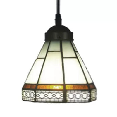 Stained Glass Conical Drop Lamp Tiffany-Style 1 Head Beige/Green/Blue Pendant Lighting Fixture for Living Room