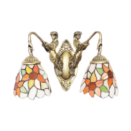 Stained Glass Floral Wall Light Fixture Victorian 2 Lights Orange Sconce Light with Mermaid Backplate
