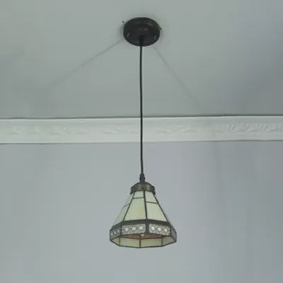 Lámpara de caída cónica de vidrieras al estilo tiffany 1 cabeza beige/verde/azul de iluminación colgante para sala de estar