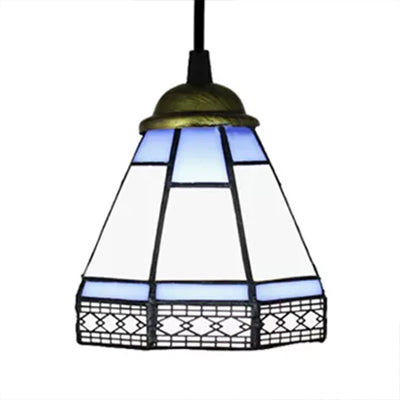 Stained Glass Conical Drop Lamp Tiffany-Style 1 Head Beige/Green/Blue Pendant Lighting Fixture for Living Room