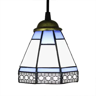 Lámpara de caída cónica de vidrieras al estilo tiffany 1 cabeza beige/verde/azul de iluminación colgante para sala de estar