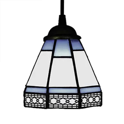 Stained Glass Conical Drop Lamp Tiffany-Style 1 Head Beige/Green/Blue Pendant Lighting Fixture for Living Room