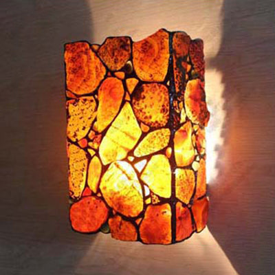 Rectangle Wall Sconce Light Rustic Stone Shade 2 Lights Wall Mount Light in Red for Outdoor