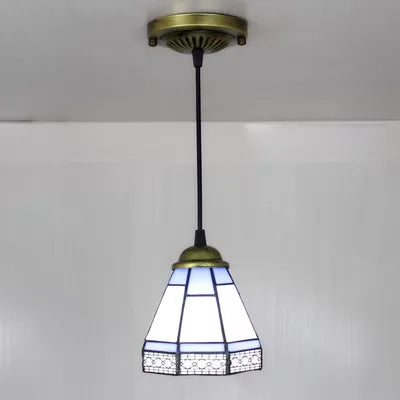 Lámpara de caída cónica de vidrieras al estilo tiffany 1 cabeza beige/verde/azul de iluminación colgante para sala de estar