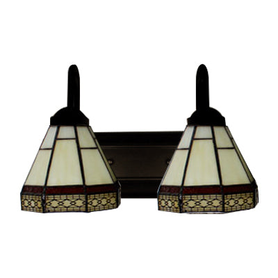 Conical Beige Glass Sconce Lighting Tiffany 2 Heads Black Wall Mounted Light Fixture