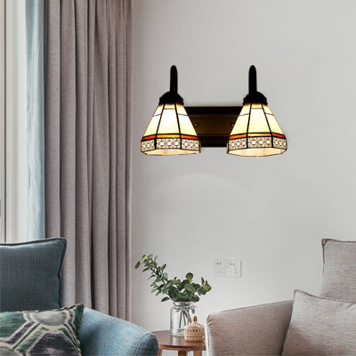 Conical Beige Glass Sconce Lighting Tiffany 2 Heads Black Wall Mounted Light Fixture