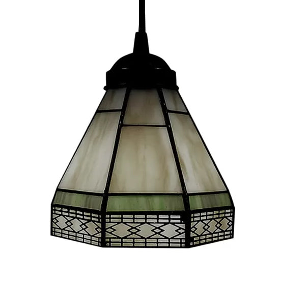 Stained Glass Conical Drop Lamp Tiffany-Style 1 Head Beige/Green/Blue Pendant Lighting Fixture for Living Room