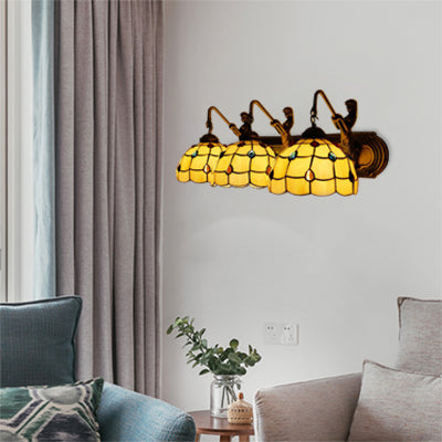 Grid Patterned Sconce Light Tiffany Yellow Glass 1 Head Antique Bronze Wall Light Fixture