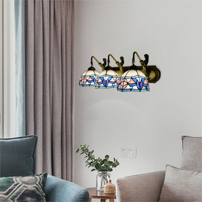 Dome Wall Mounted Light Mediterranean Blue-Pink Glass 3 Head Living Room Sconce Light
