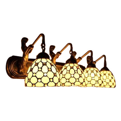 Beige Glass Dome Wall Mount Light Fixture Tiffany 4 Heads Antique Brass Sconce Light