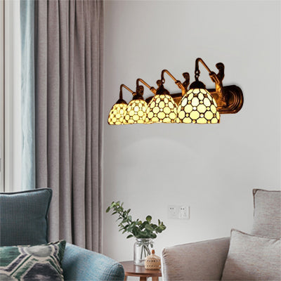 Beige Glass Dome Wall Mount Light Fixture Tiffany 4 Heads Antique Brass Sconce Light